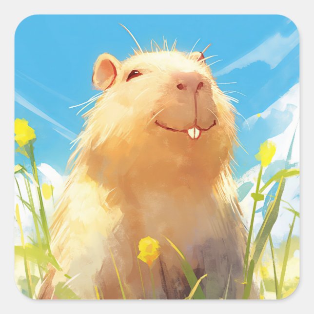 Silly Capybara Smile Square Sticker (Front)