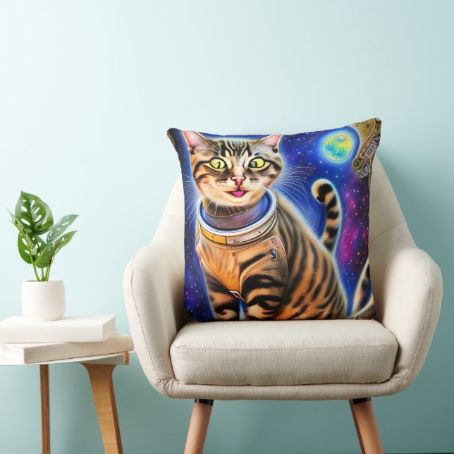 Silly Cat in Space World Meme Artwork Throw Pillow (Chair)