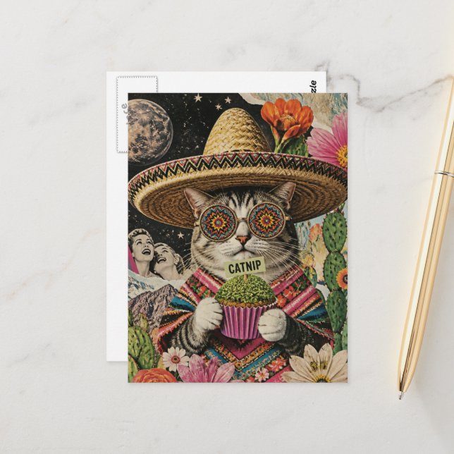 Silly Cat With Catnip Cupcake Collage Postcard (Front/Back In Situ)