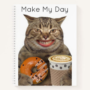 Silly Cat With Doughnut and Coffee Personalized Notebook