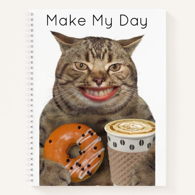 Silly Cat With Doughnut and Coffee Personalized  Notebook (Front)