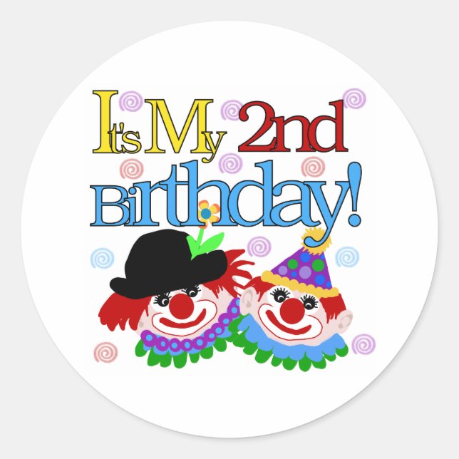 Silly  Clowns 2nd Birthday Classic Round Sticker (Front)