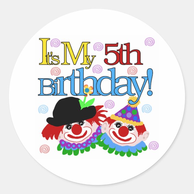 Silly Clowns 5th Birthday Classic Round Sticker (Front)