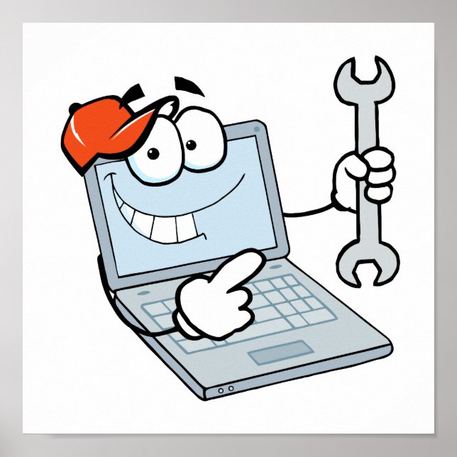 silly computer repair cartoon laptop with wrench poster (Front)