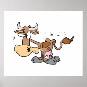 silly cute brown cow bugged by flies cartoon poster