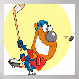 silly cute hockey player playing bear cartoon poster