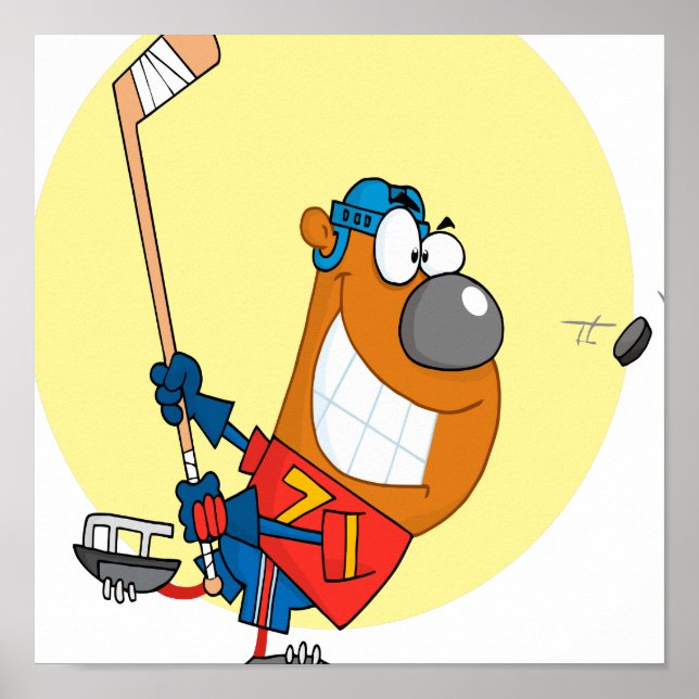 silly cute hockey player playing bear cartoon poster (Front)