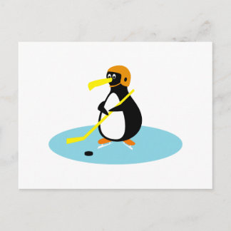 silly cute ice hockey penguin postcard