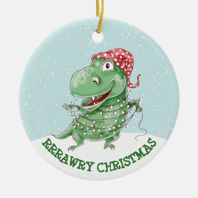 Silly Dinosaur Personalized Christmas Ceramic Ornament (Front)