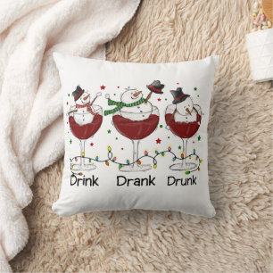 Silly “Drink, Drank, Drunk” Snowman and Wine Throw Pillow