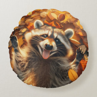 Silly Fall Raccoon  Round Pillow