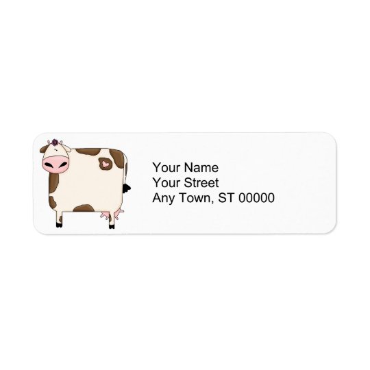 silly fat brown and white cow cartoon return address label