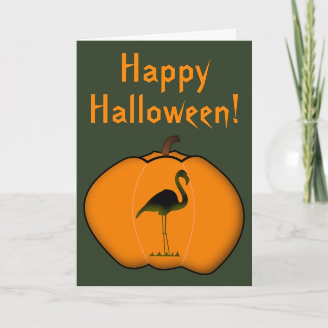 Silly Flamingo Halloween Jack-o'-Lantern Pumpkin Card (Front)