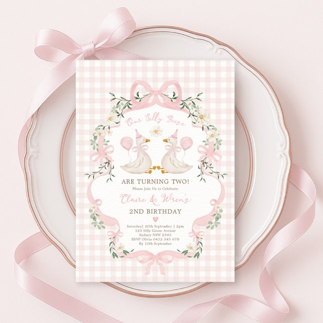 Silly Geese Twins Pink Bow Gingham Girls Birthday Invitation (Creator Uploaded)
