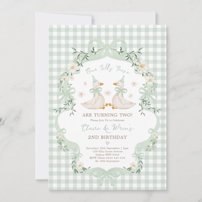 Silly Geese Twins Sage Green Bow Gingham Birthday Invitation (Front)