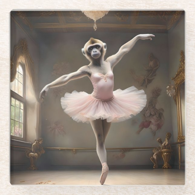 Silly Gibbon Ballerina Doing A Pirouette, Glass Coaster (Front)