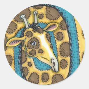 SILLY GIRAFFE LONG NECK AND SPOTS, FUNNY FOLK ART CLASSIC ROUND STICKER