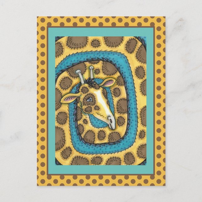 SILLY GIRAFFE LONG NECK AND SPOTS, FUNNY FOLK ART POSTCARD (Front)