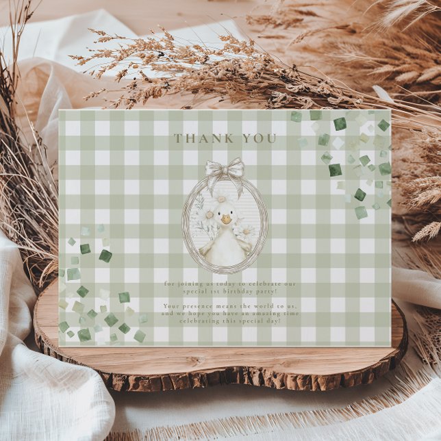 Silly Goose 1st Birthday Green Gingham Thank You Card (Creator Uploaded)