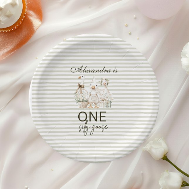 Silly Goose 1st Birthday Green Stripes  Paper Plate (Creator Uploaded)