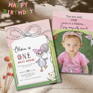 Silly Goose 1st Birthday Pink Bow Photo Invitation