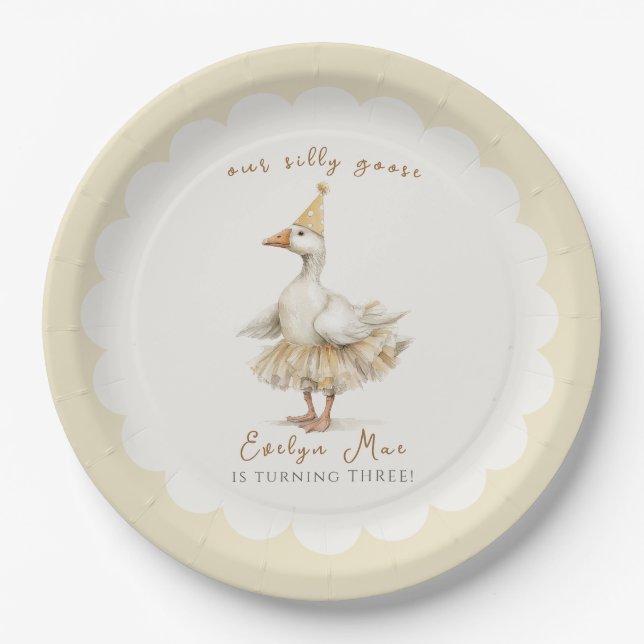 Silly Goose 3rd Birthday Yellow Watercolor Paper Plate (Front)