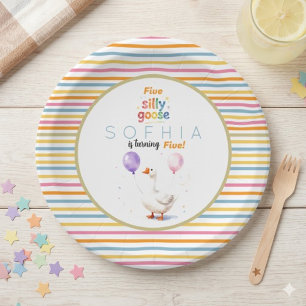 Silly Goose 5th Birthday Pastel Striped Paper Plat Plate