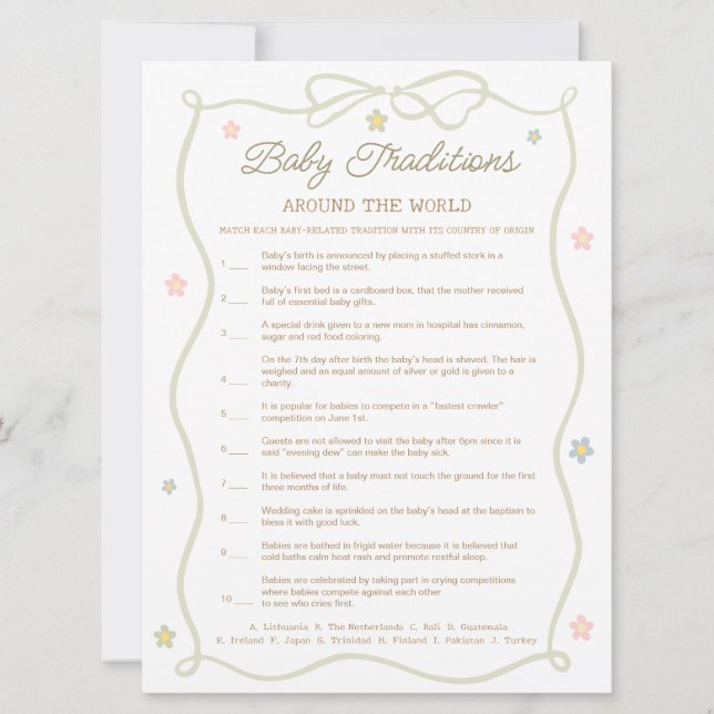 Silly Goose Baby Shower Baby Traditions Game Card (Front)