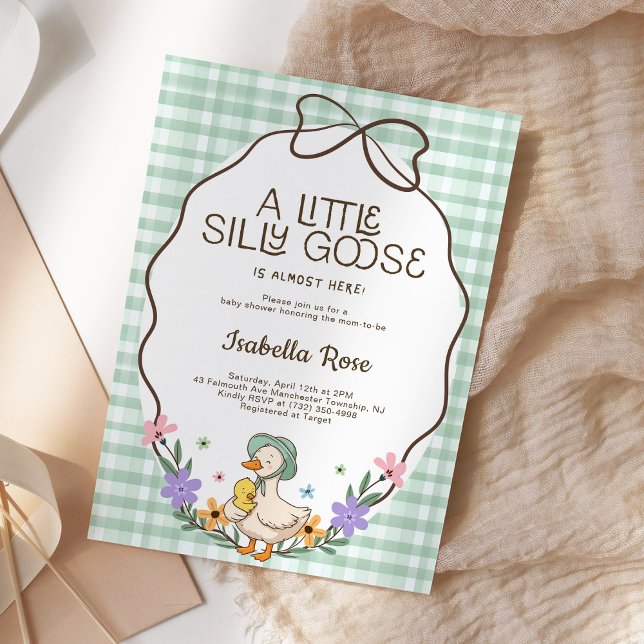 Silly Goose Baby Shower Green Gingham Neutral Invitation (Creator Uploaded)