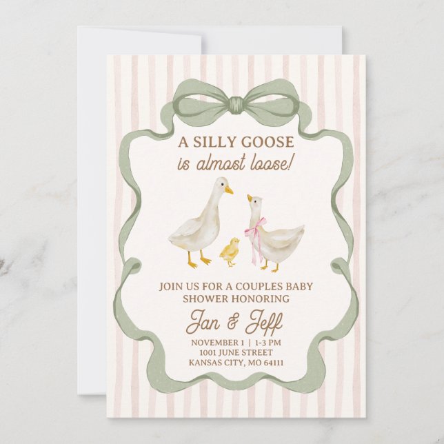 Silly Goose Baby Shower Invite Pink Stripe (Front)