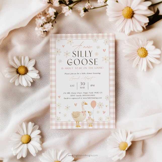 Silly Goose Baby Shower Invites Girl. Pink Gingham (Goose Peach Baby Shower Invitation)