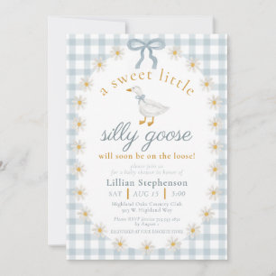 Silly Goose Blue Bow Daisy Gingham Baby Shower Invitation
