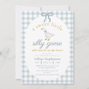 Silly Goose Blue Bow Duck Gingham Baby Shower Invitation