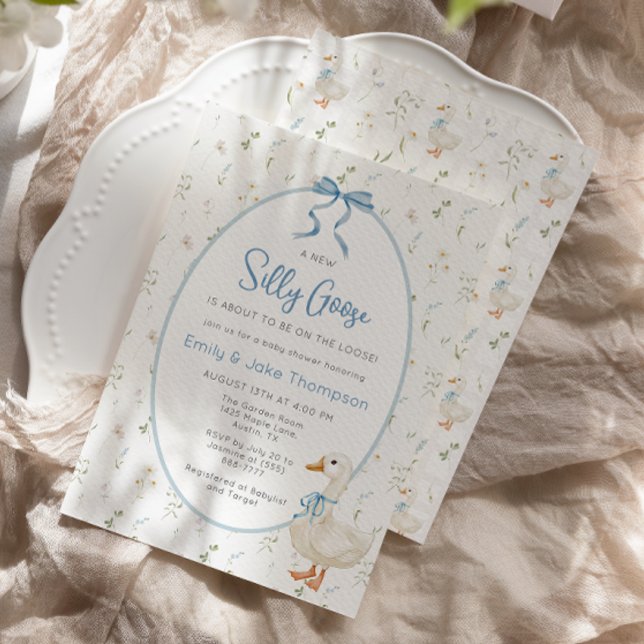 Silly Goose Blue Bow Floral Baby Shower Invitation (Creator Uploaded)