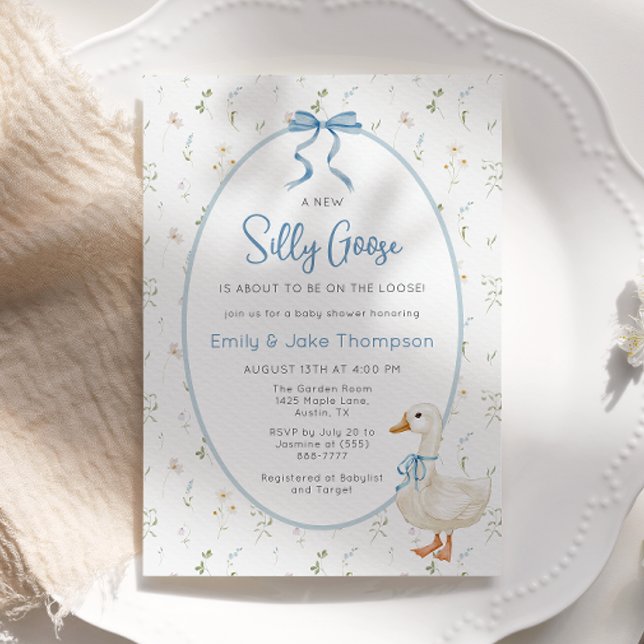 Silly Goose Blue Bow Floral Baby Shower Invitation (Creator Uploaded)