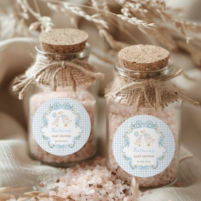 Silly Goose Blue Bow Floral Boy Baby Shower Classic Round Sticker (Creator Uploaded)