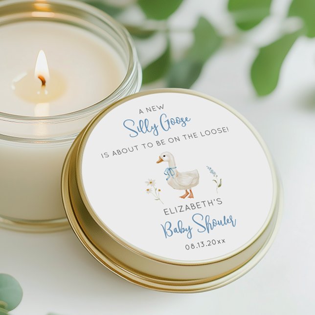 Silly Goose Blue Bow Wildflower Boy Baby Shower Classic Round Sticker (Creator Uploaded)