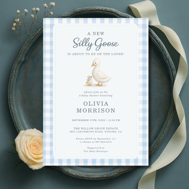 Silly Goose Blue Boy Gingham Baby Shower Invitation (Creator Uploaded)