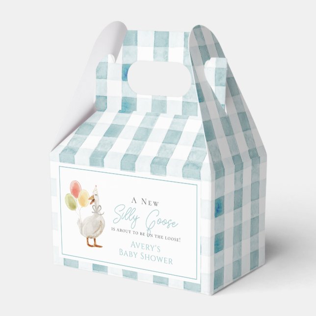 Silly Goose Blue Gingham Baby Shower Favor Box (Front Side)