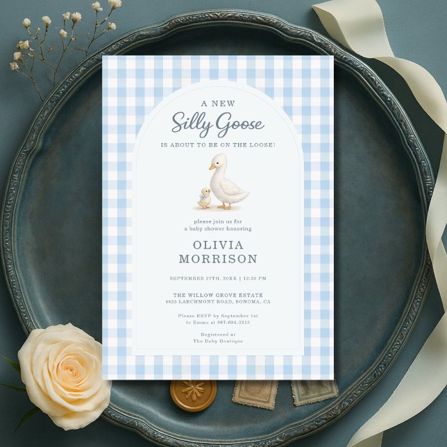 Silly Goose Blue Gingham Baby Shower Invitation (Creator Uploaded)