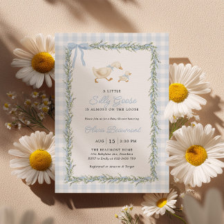 Silly Goose Blue Gingham Baby Shower Invitation