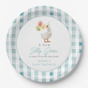 Silly Goose Blue Gingham Baby Shower Paper Plate