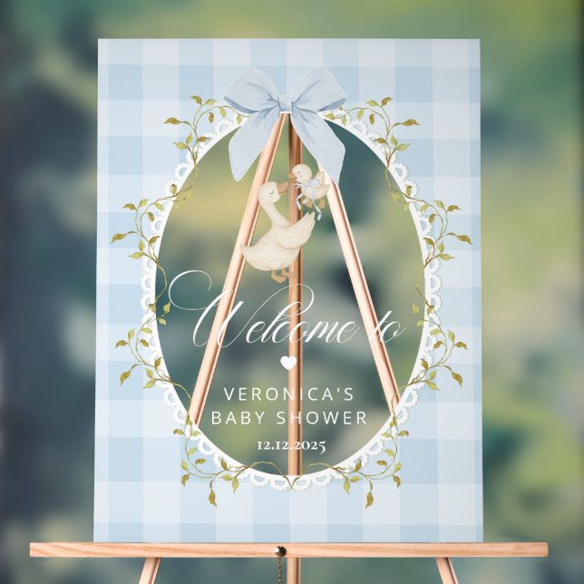 Silly Goose Blue Gingham Baby Shower Welcome Acrylic Sign (Neutral)