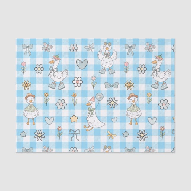 Silly Goose Blue Gingham Birthday Tissue Paper (Front)
