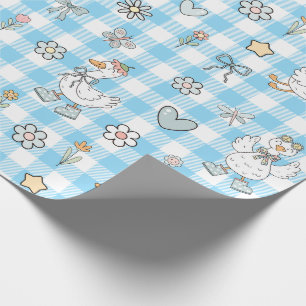 Silly Goose Blue Gingham Birthday Wrapping Paper