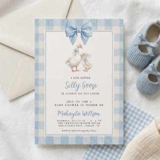 Silly Goose Blue Gingham Bow Baby Shower  Invitation