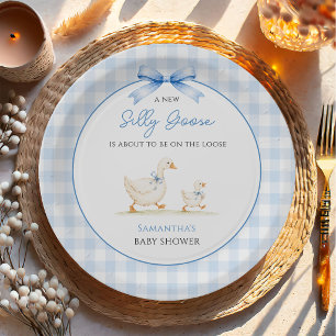 Silly Goose Blue Gingham Bow Duck Boy Baby Shower Paper Plate