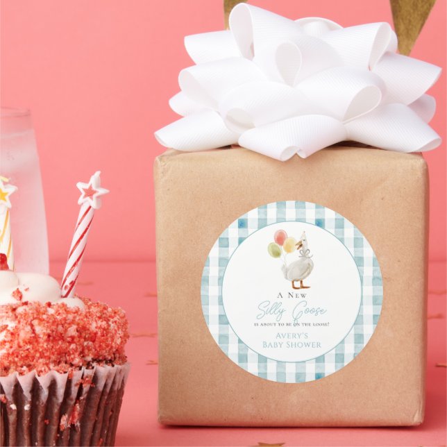 Silly Goose Blue Gingham Boy Baby Shower Classic Round Sticker (Party)
