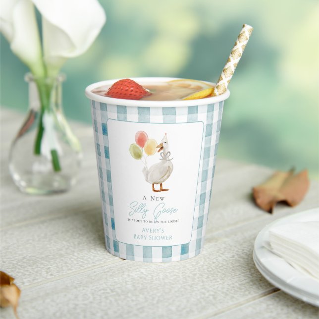 Silly Goose Blue Gingham Boy Baby Shower Paper Cups (Insitu)