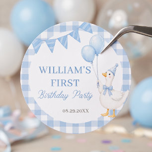 Silly Goose Blue Gingham Boy Birthday Sticker